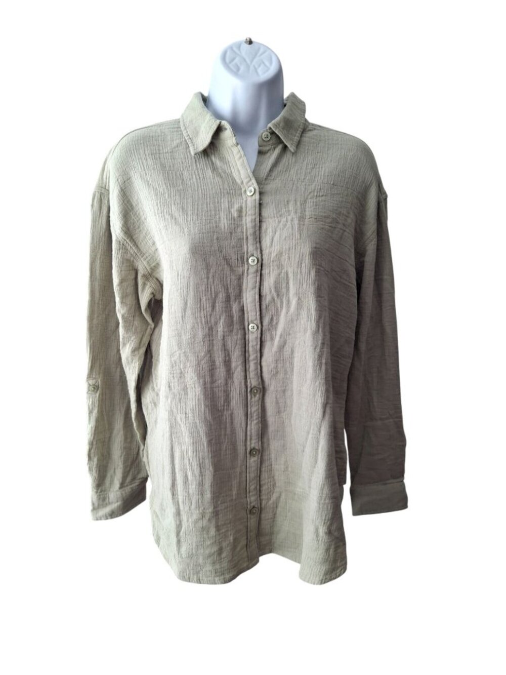 Gloria Vanderbilt Amanda Shirt Small Beige Button Front Casual Linen Look